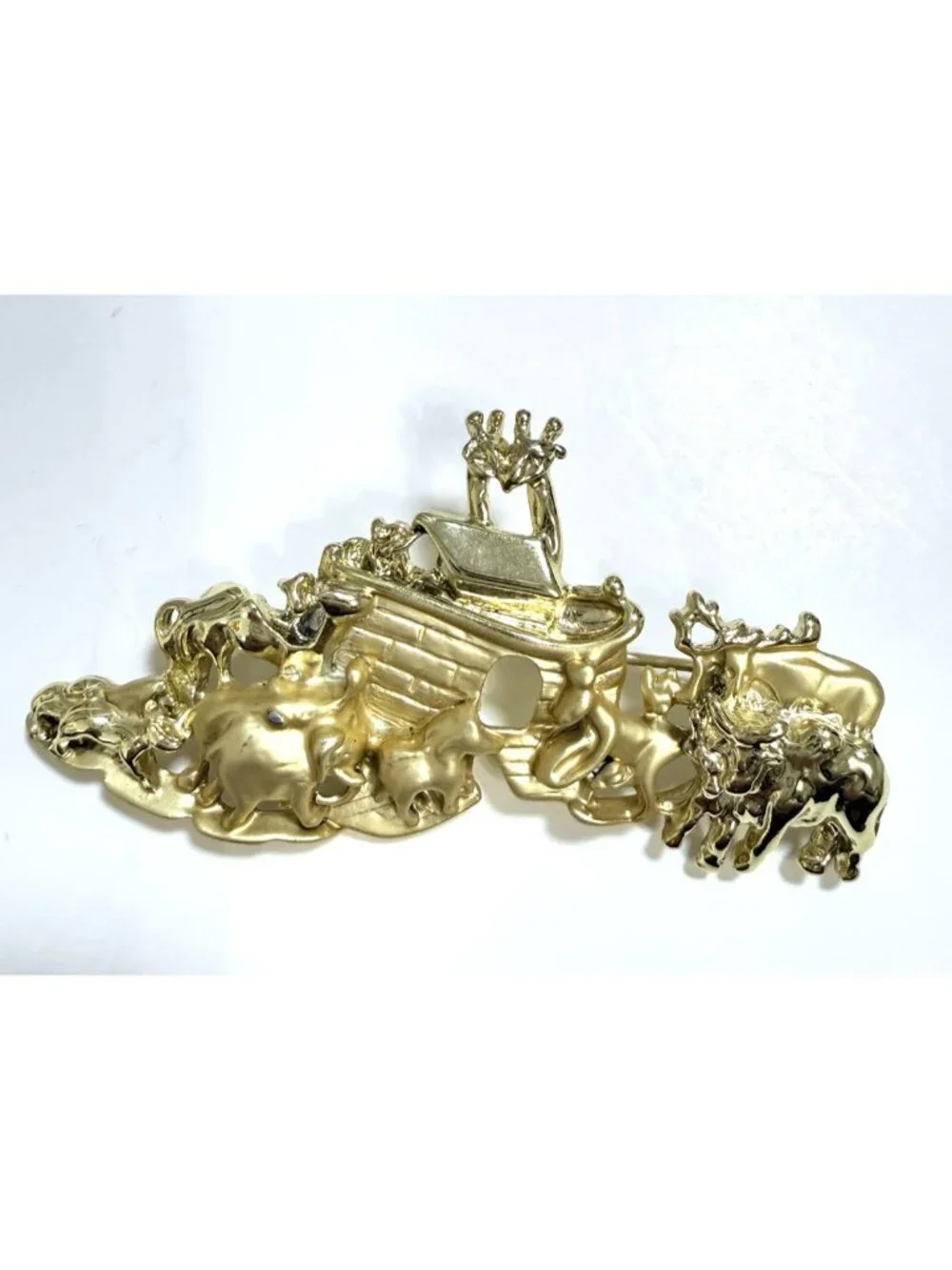 Vintage Noah's Ark Brooch Animals Gold Tone  Noahs Boat Biblical Pin Signed AJC